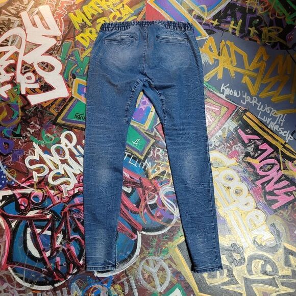 PacSun Active Stretch distressed blue jogger jeans w drawstring & ankle zippers - Picture 8 of 9
